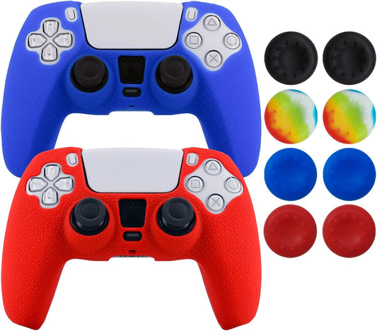 Silicone Skin Compatible with PS5 Controller Cover Sony Playstation5 Controller Grip Skin Protector Faceplates Kits Video Games(Pack 2 Covers with 8Pcs Thumb Grips Caps(Red,Blue)
